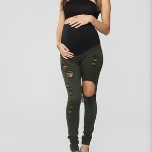 COPY - Maternity Distressed Jeans - Olive